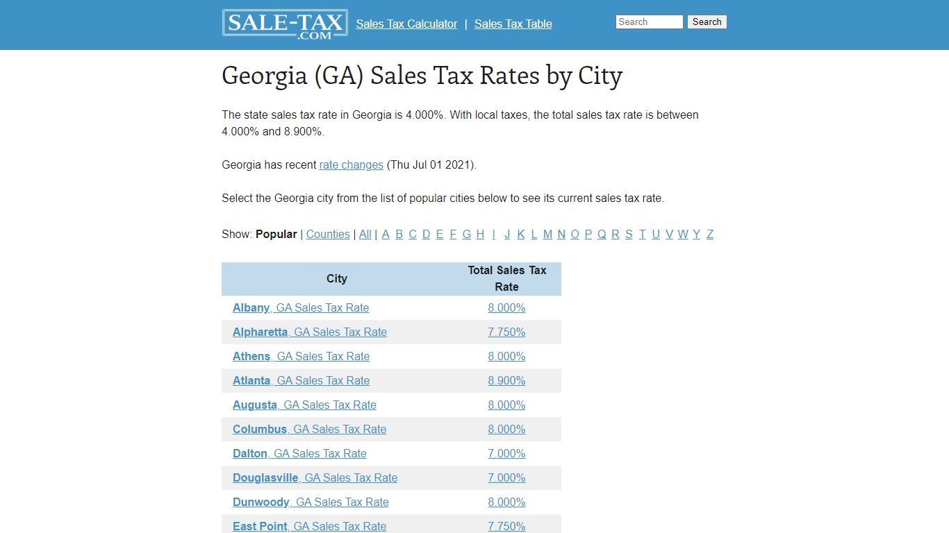 Georgia (GA) Sales Tax Rates by City - Sale-tax.com